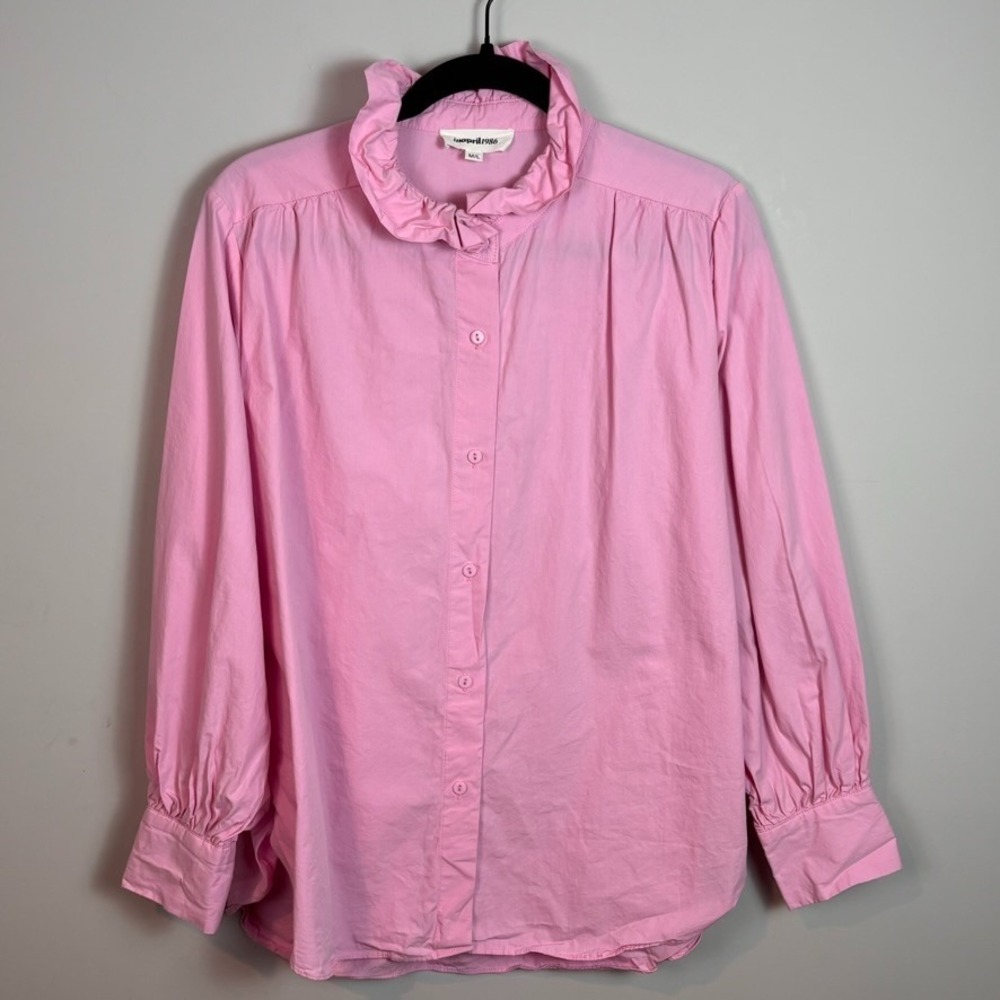 inapril 1986 Womens 100% Cotton Pink Ruffle Collar Button up Blouse M/L preppy